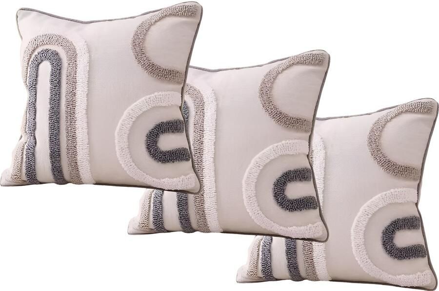 E-shop4u Bohemian Kussenslopen Geometrisch Borduurwerk Katoenen Linnen 3 Stuks Beige Grijs