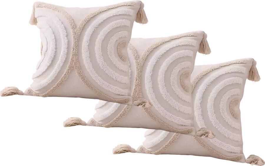 E-shop4u Bohemian Kussenslopen Geometrisch Borduurwerk Katoenen Linnen 3 Stuks Beige