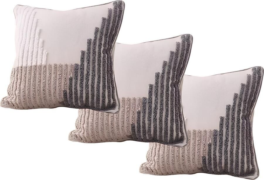 E-shop4u Bohemian Kussenslopen Geometrisch Borduurwerk Katoenen Linnen 3 Stuks Wit Beige