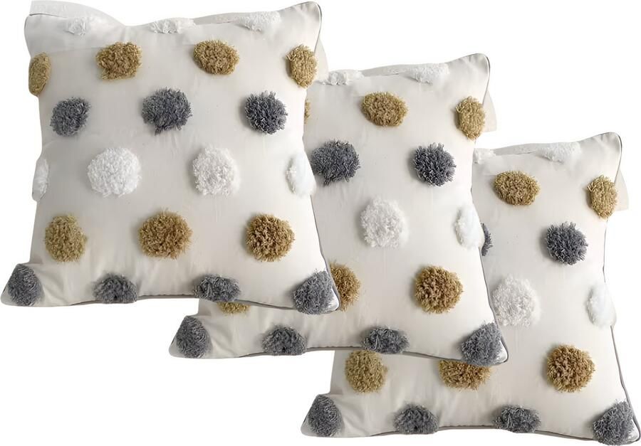 E-shop4u Bohemian Kussenslopen Geometrisch Borduurwerk Katoenen Linnen 3 Stuks Wit Grijs