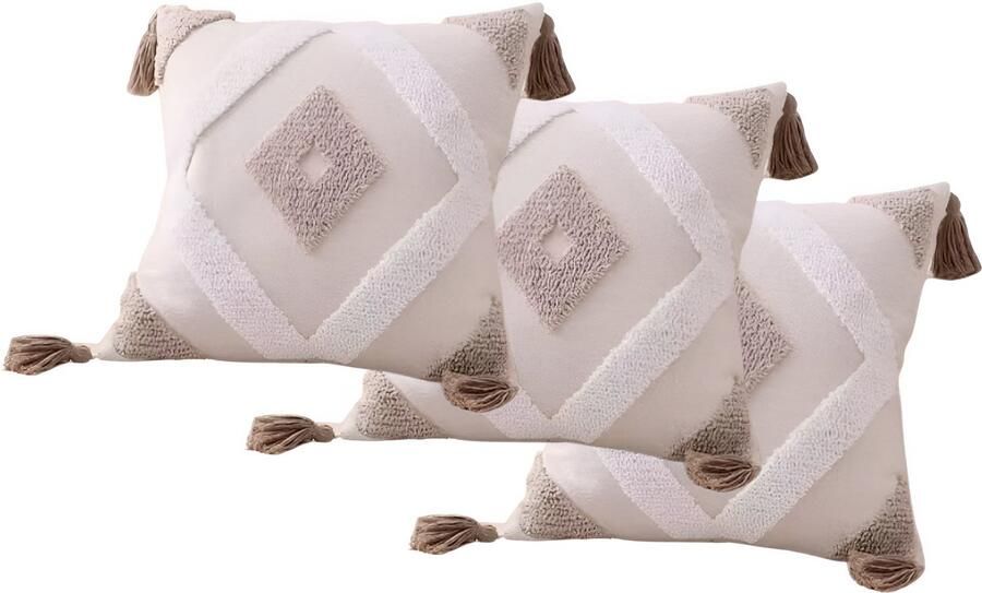 E-shop4u Bohemian Kussenslopen Geometrisch Borduurwerk Katoenen Linnen 3 Stuks Wit