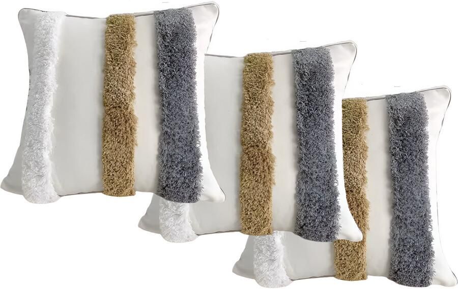 E-shop4u Bohemian Kussenslopen Geometrisch Borduurwerk Katoenen Linnen 3 Stuks Wit Stippen