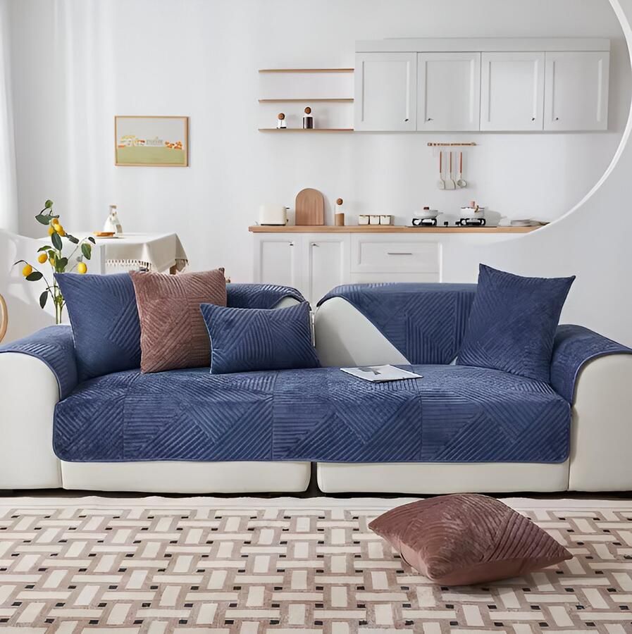 E-Shop4u Kristalfluwelen Bankhoes Antislip & Machinewasbaar Bankhoezen Sofacover Voor Hoek- en Driezitsbanken 100% Polyester bankhoes hoekbank sofa cover bank hoes bank beschermer kussenhoes 90x180cm Blauw - Foto 2