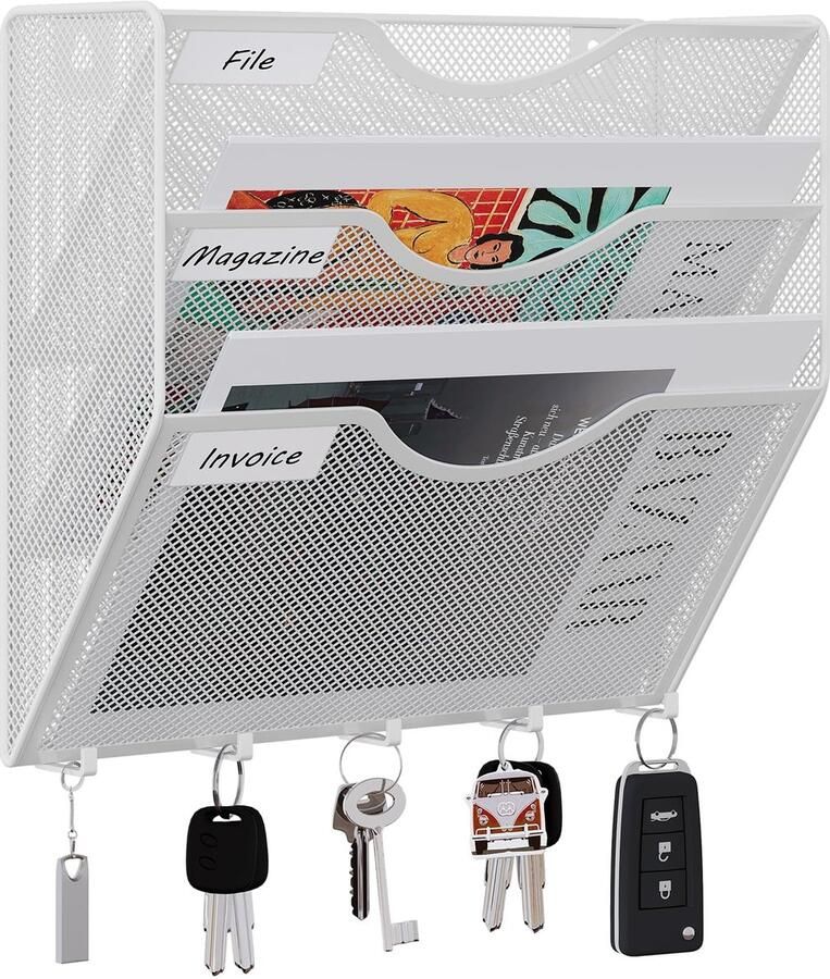 EasyPAG 3-vaks metalen A4 tijdschriftenhouder wandkast documentenhouder tijdschriftenhouder paalorganizer brochuredispenser flyerhouder ophangbaar met 5 haken wit