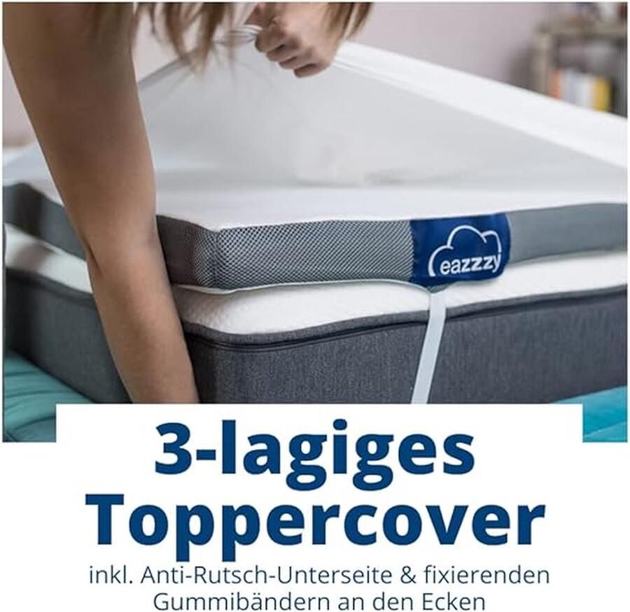 Eazzzy Topper Deluxe 140 x 200 x 9 cm H2 H3 orthopedische matrastopper voor matras en boxspringbed van gelschuim matras 140x200 voor mensen met een allergie incl. overtrek