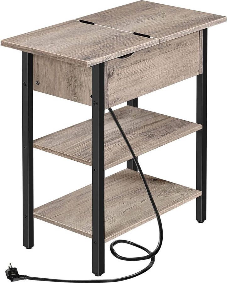 EBG342BZ01 bijzettafel opklapbare banktafel met laadstation en opbergruimte smal nachtkastje voor kleine ruimtes slaapkamer woonkamer stevig grijs-zwart