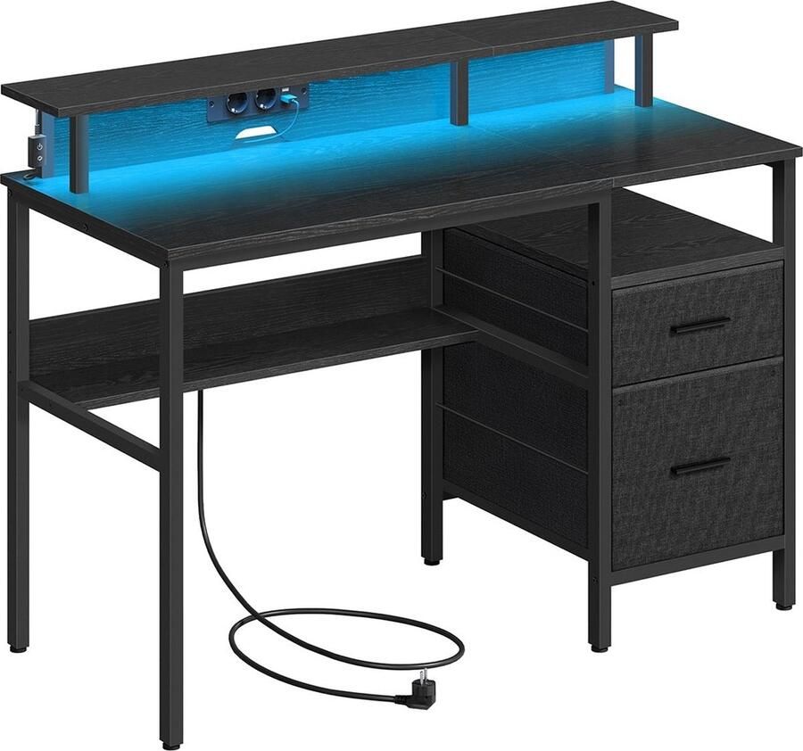 Rootz Living Rootz Ebony Zwart Bureau met Laden Kantoorwerkstation Opbergmeubilair Ingebouwde stopcontacten 94 5 cm x 65 cm x 14 5 cm