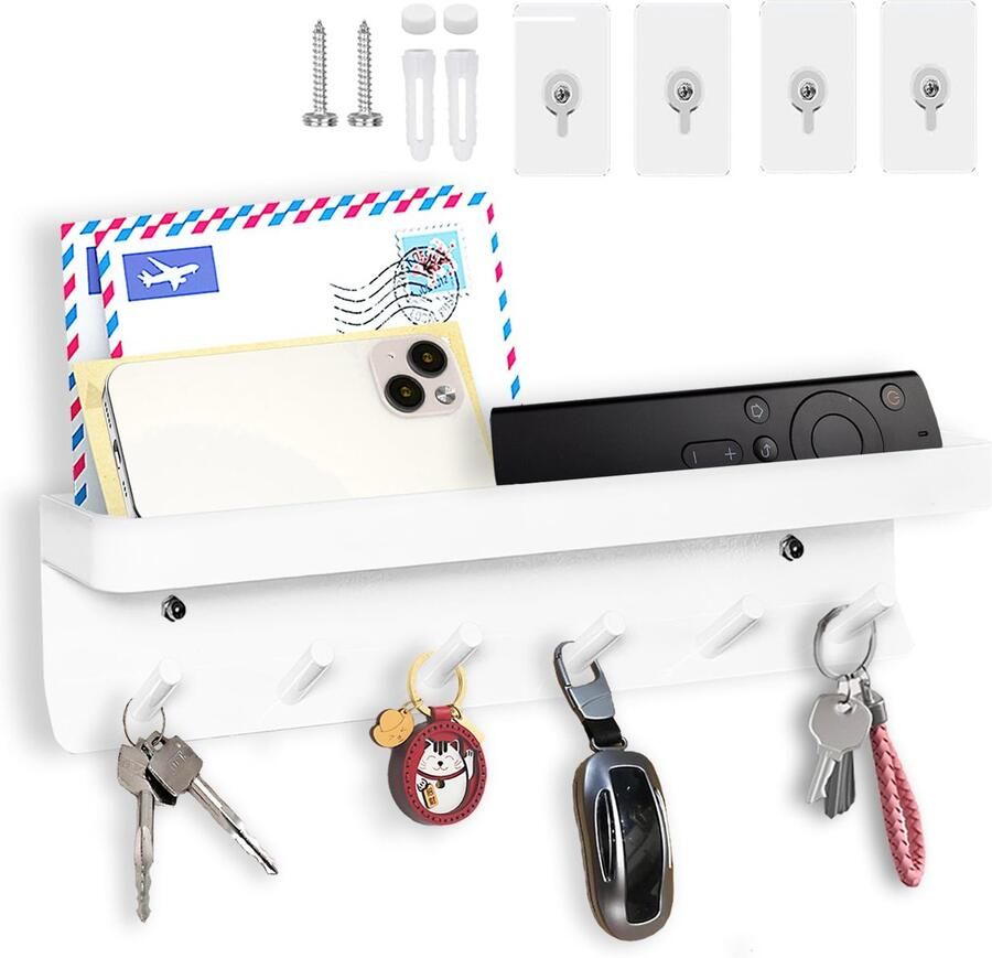 Echehi sleutelhanger met 6 haken eenvoudig te installeren sleutelrek zonder boren metalen sleutelrek garderobe brievenrek geschikt voor entrees en achter deuren. Wit