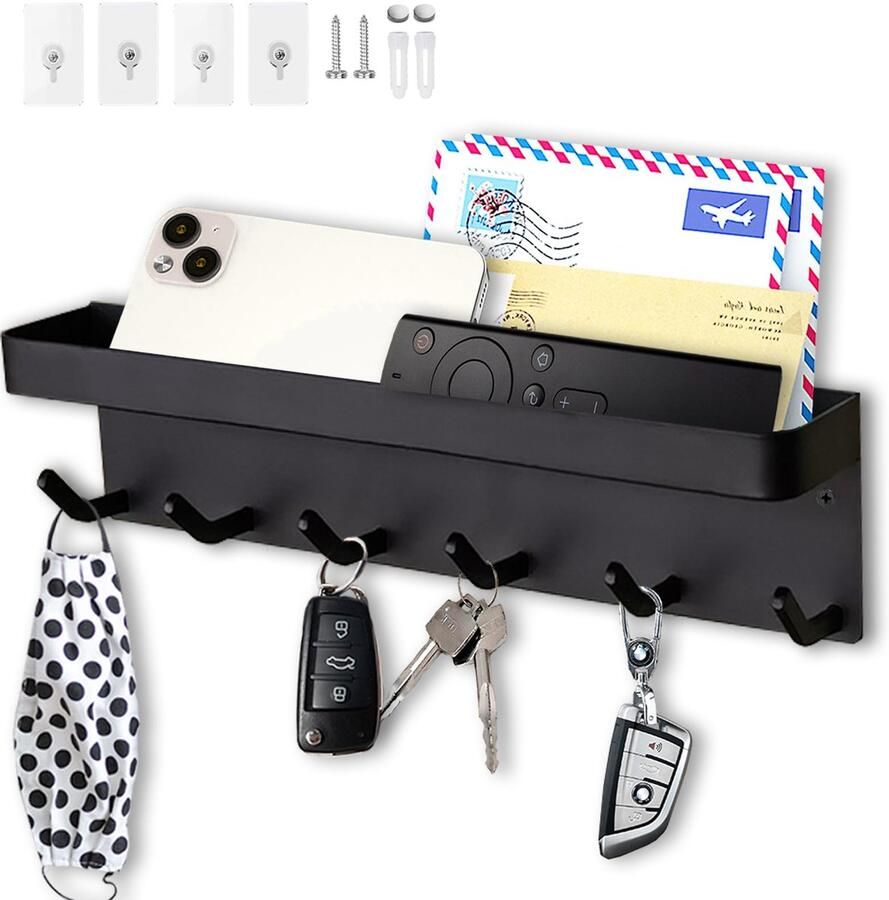 Echehi sleutelhanger met 6 haken eenvoudig te installeren sleutelrek zonder boren metalen sleutelrek garderobe brievenrek geschikt voor entrees en achter deuren. Zwart
