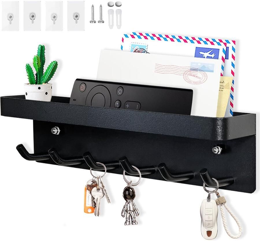 Echehi sleutelhanger met 6 haken eenvoudig te installeren sleutelrek zonder boren metalen sleutelrek garderobe brievenrek geschikt voor entrees en achter deuren. Zwart