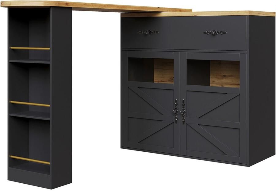 Een bar tafel uitschuifbare en 360° draaibare multifunctionele tafel dressoir met kruidenrek 2 lades en 2 houten deuren met deels gehard glas 138-204×39×104cm zwart