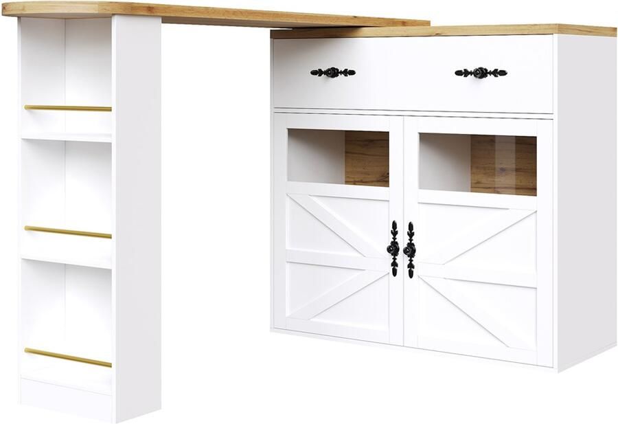 Een bar tafel uitschuifbare en 360° draaibare multifunctionele tafel dressoir met kruidenrek 2 lades en 2 houten deuren met deels gehard glas 138-204×39×104cm wit