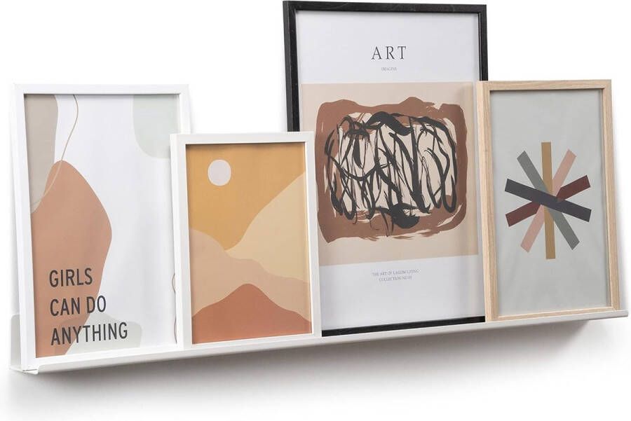 Een slanke wandplank voor foto's afbeeldingen en boeken. Modern en minimalistisch ontwerp. Gemaakt van metaal. 90x6cm. witte kleur