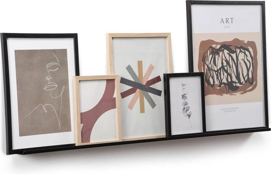 Een slanke wandplank voor foto's afbeeldingen en boeken. Modern en minimalistisch ontwerp. Gemaakt van metaal. 90x6 cm. Zwarte kleur