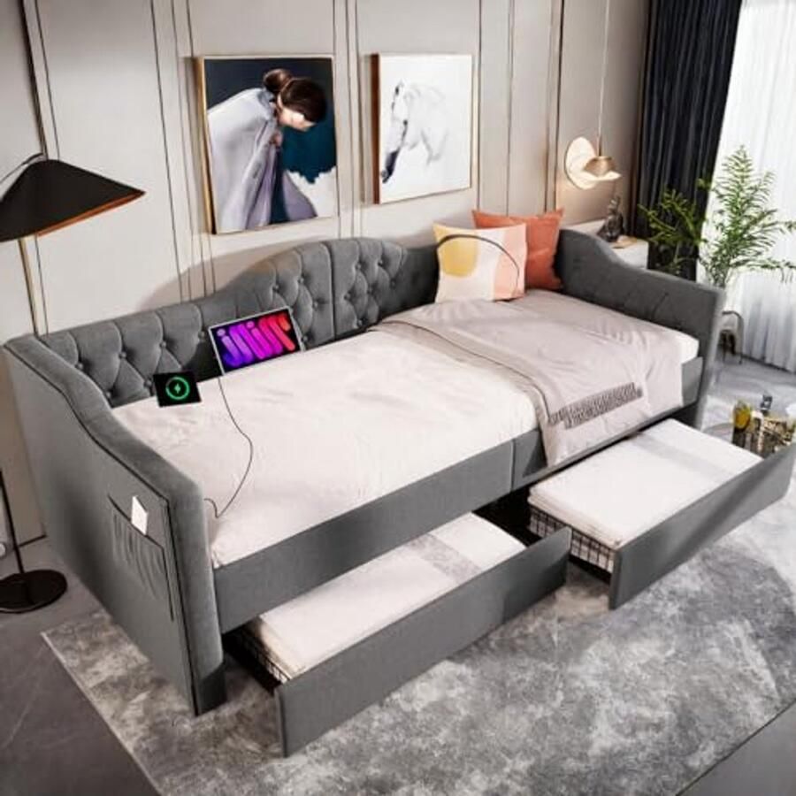 Eenpersoons bed 90x190 cm met slaapbank en lade gestoffeerd bed met USB-C oplaadfunctie in grijs linnen