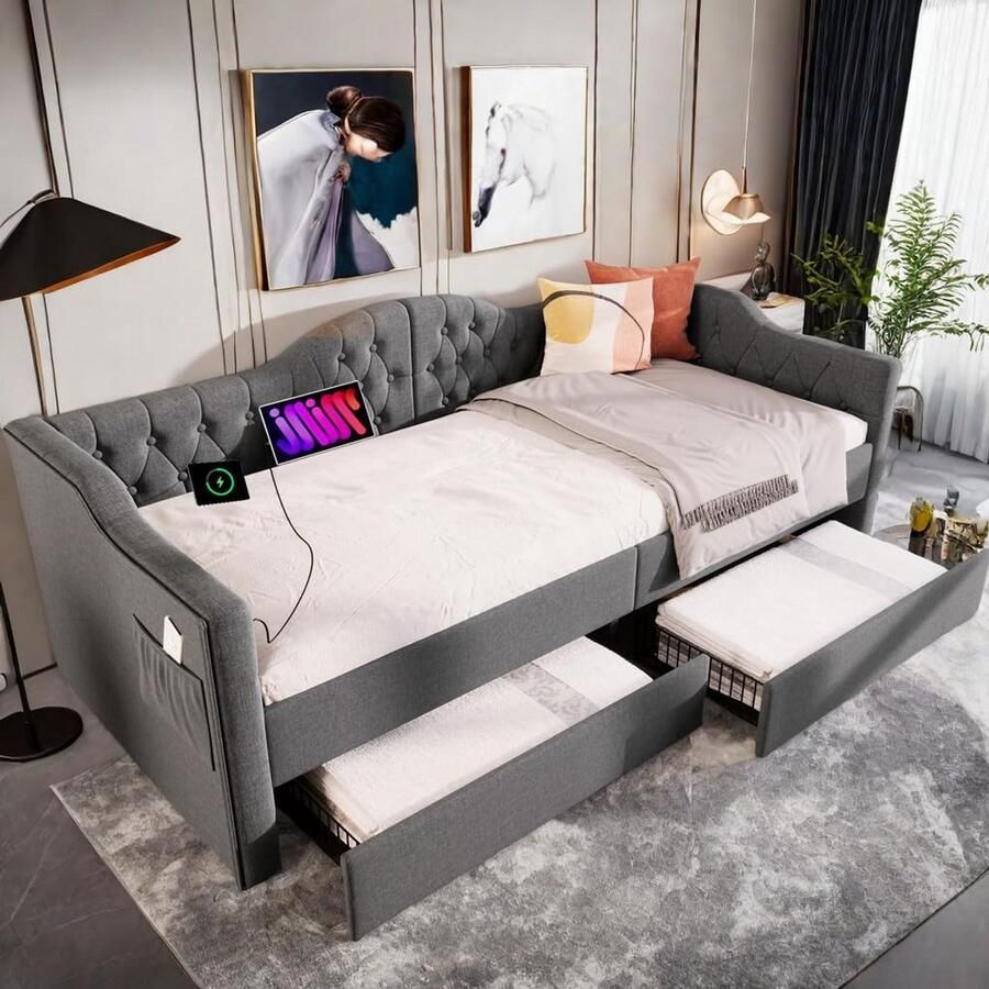 Eenpersoons bed 90x190 cm met slaapbank en lade gestoffeerd bed met USB-C oplaadfunctie in grijs linnen