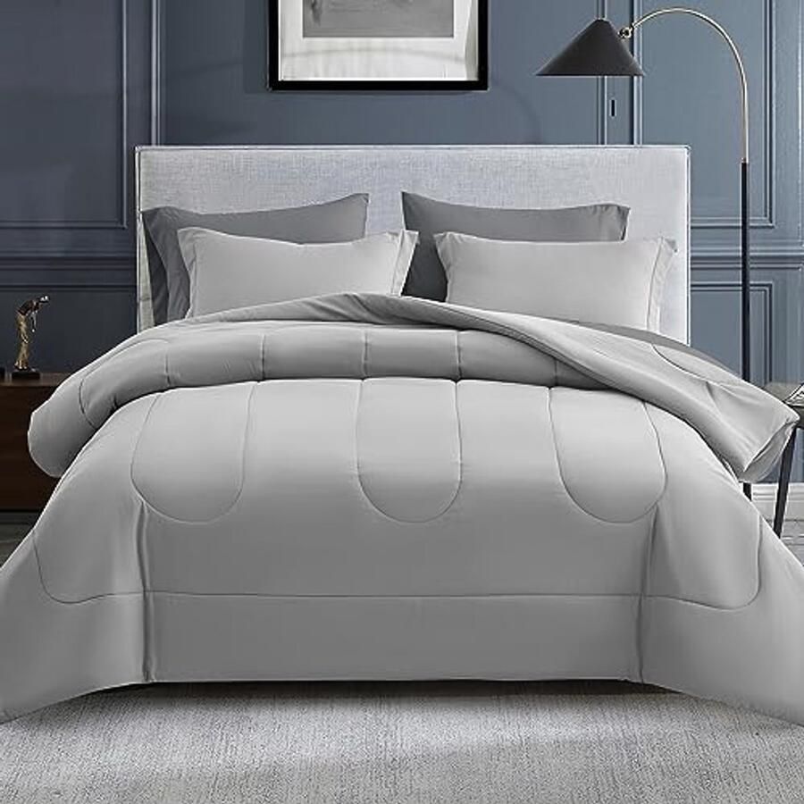 Eenpersoons dekbedset grijs 5-delige bed in een tas alternatief dons lichtgewicht voor alle seizoenen