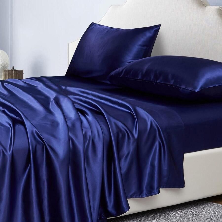 Eenpersoons dekbedset satijn marineblauw 100 x 190 x 36 cm hoeslaken kussensloop