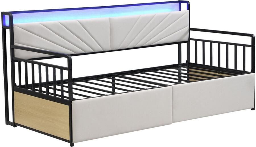 Eenpersoons slaapbank 90x200 cm zonder matras met LED-verlichting opbergruimte oplaadpoort en 2 laden stevig metalen frame stijlvol strak ontwerp Beige