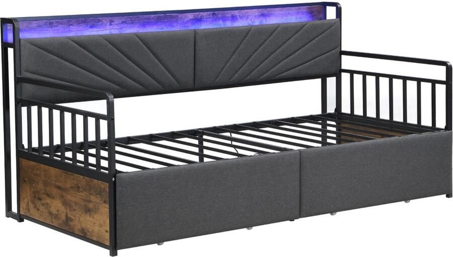 Eenpersoons slaapbank 90x200 cm zonder matras met LED-verlichting opbergruimte oplaadpoort en 2 laden stevig metalen frame stijlvol strak ontwerp zwart