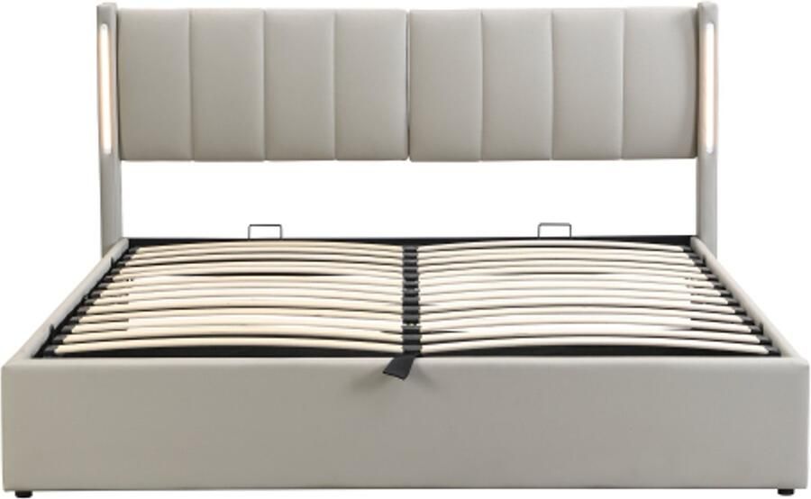 Gotagee Gestoffeerd bed 140 x 190 cm hydraulisch bed oplaadbare USB-poort in het bed met LED-verlichting met opbergruimte verstelbaar hoofdeinde PU grijs