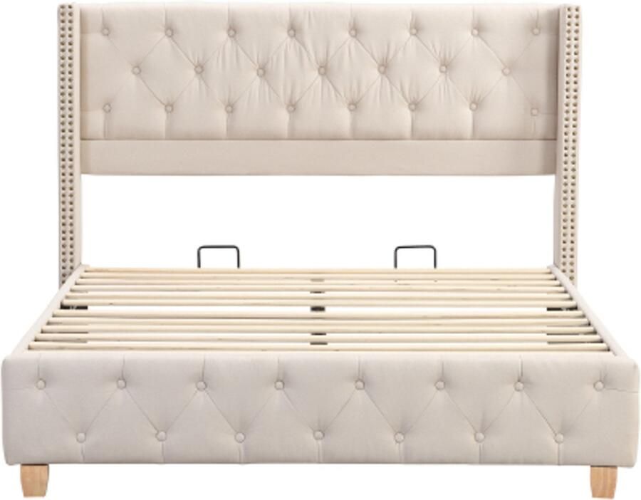 Gotagee Gestoffeerd bed 140x190cm met lattenbodem en hoofdbord knoopbekleding klinknagelbekleding houten poten linnen beige