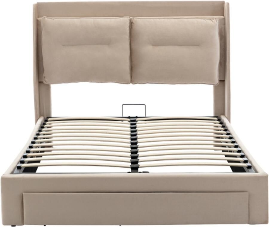 Gotagee Gestoffeerd bed 140x200 hydraulisch bed laden aan het einde van het bed verzonken LED-lichtstrips lattenbodem zonder matras fluweel beige