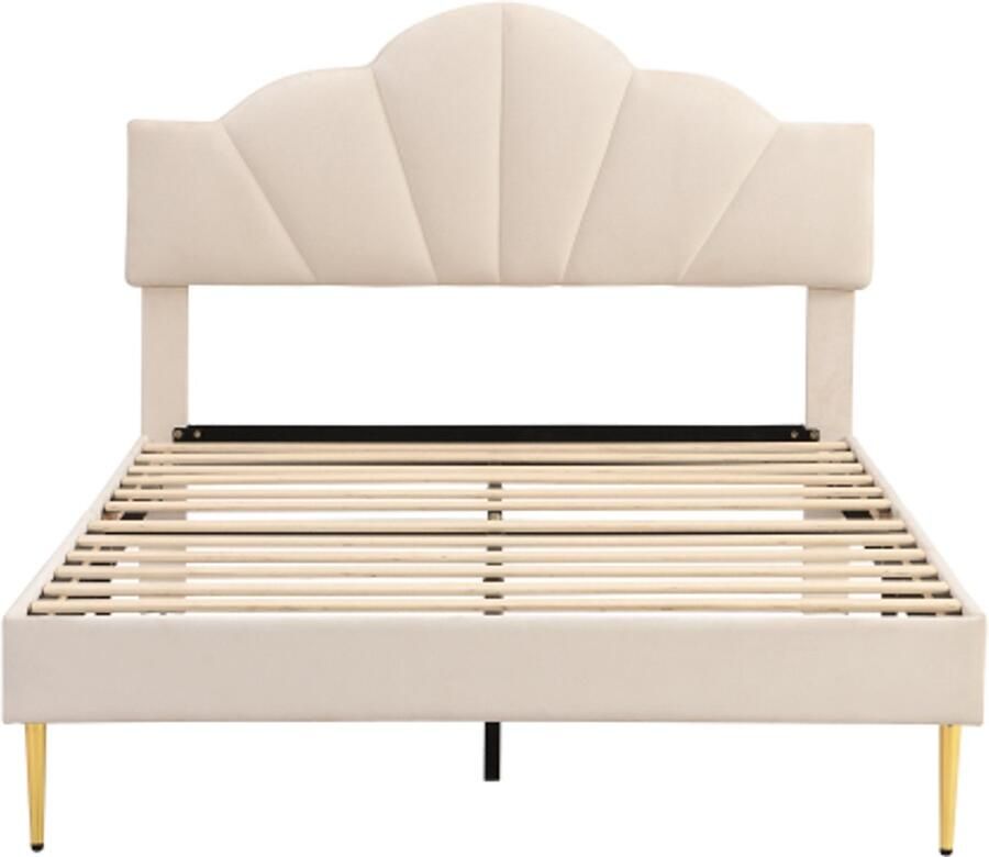 Eenpersoonsbed 140x200cm Zonder Matras Gestoffeerd Bed Beige Fluweel Schelpvormig Bed Met Gouden Metalen Poten Verstelbaar Hoofddeel Houten Lattenbodem Geschikt Voor Slaapkamer En Logeerkamer