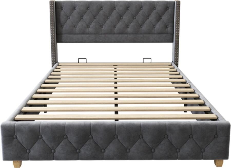 Gotagee Gestoffeerd bed 140x190cm met lattenbodem en hoofdbord knoopstoffering studsstoffering houten poten fluweel grijs