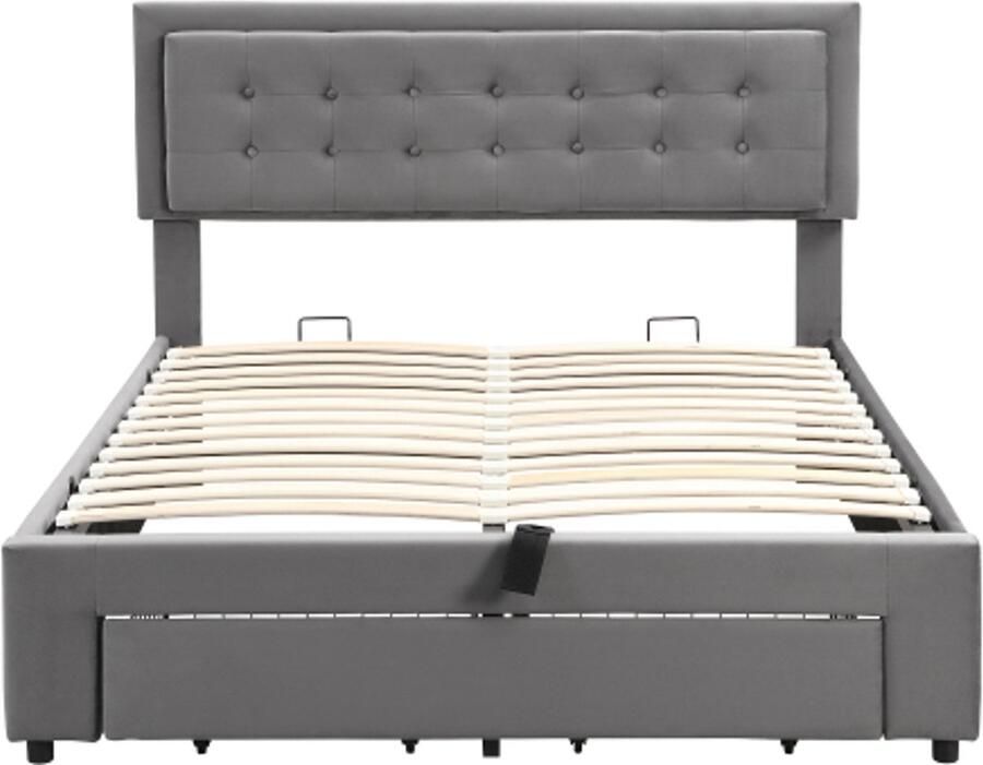 Eenpersoonsbed 140x190cm Zonder Matras Gestoffeerd Bed Grijs Fluweel Met Hoofdsteun Hydraulisch Opbergbed Met 2 Laden Houten Lattenbodem Geschikt Voor Slaapkamer En Logeerkamer