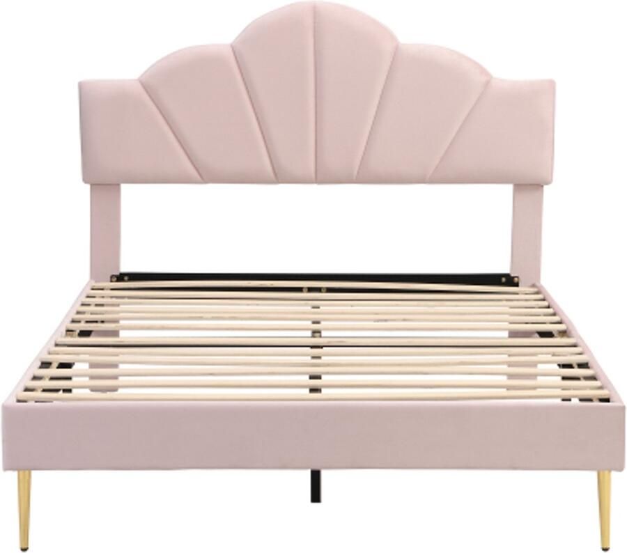 Eenpersoonsbed 140x200cm Zonder Matras Gestoffeerd Bed Roze Fluweel Schelpvormig Bed Met Gouden Metalen Poten Verstelbaar Hoofddeel Houten Lattenbodem Geschikt Voor Slaapkamer En Logeerkamer