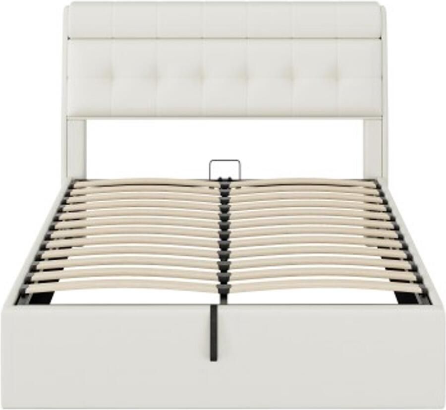 GOTAGEE Gestoffeerd bed 140X190 hydraulisch bed verborgen hoofdeinde opbergruimte bedlade opbergruimte PU met lattenbodem en met hoofdeinde zonder matras wit