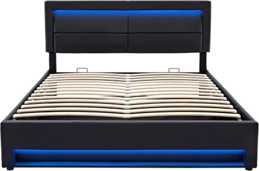Eenpersoonsbed 140x190cm Zonder Matras Zwart PU Litchi Design Polsterbed Met USB Poort LED Verlichting En Opbergruimte Slaapkamer Jeugd Volwassenen