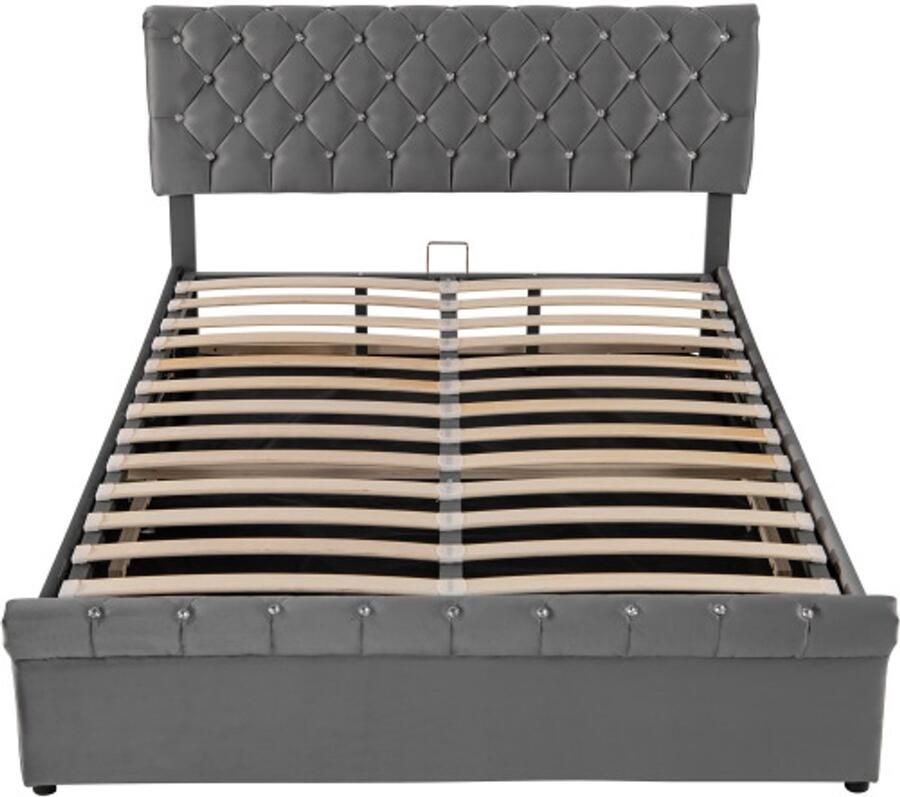 Eenpersoonsbed 140x200 cm Zonder Matras Polsterbed Grijs Fluweel Hydraulisch Functiebed Continentalbed Met Kristallen Gesp Verstelbaar Hoofdbord Modern Design Geschikt Voor Slaapkamer En Logeerkamer