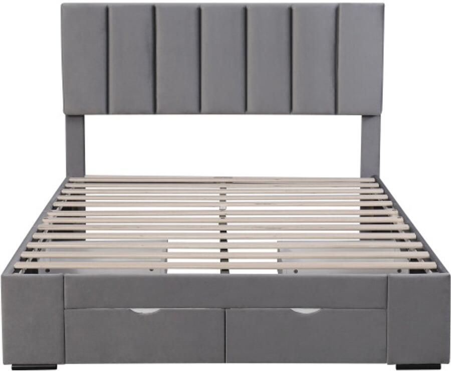 Eenpersoonsbed 140x200 cm Zonder Matras Polsterbed Grijs Fluweel Met Lattenbodem En Hoofdbord Met 4 Lades Modern Design Geschikt Voor Slaapkamer En Logeerkamer