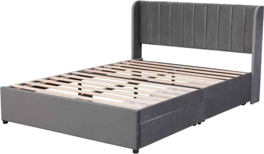 Eenpersoonsbed 140x200 cm Zonder Matras Polsterbed Grijs Fluweel Met Lattenbodem En Hoofdbord Met 2 Lades Modern Design Geschikt Voor Slaapkamer En Logeerkamer