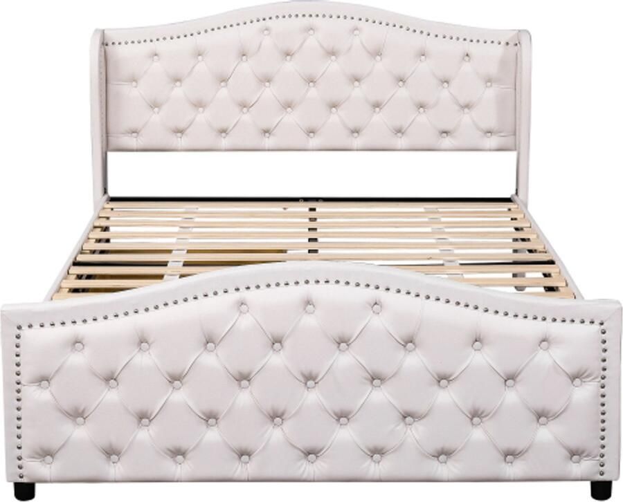 Eenpersoonsbed 140x200 cm Zonder Matras Polsterbed Wit PU Met Lattenbodem Hoofdbord Met Knopen En 2 Lades Modern Design Geschikt Voor Slaapkamer En Logeerkamer