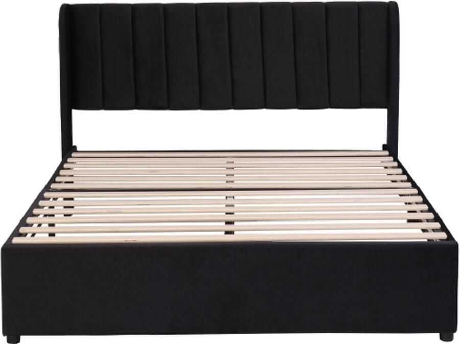 Eenpersoonsbed 140x200 cm Zonder Matras Polsterbed Zwart Fluweel Met Lattenbodem En Hoofdbord Met 2 Lades Modern Design Geschikt Voor Slaapkamer En Logeerkamer