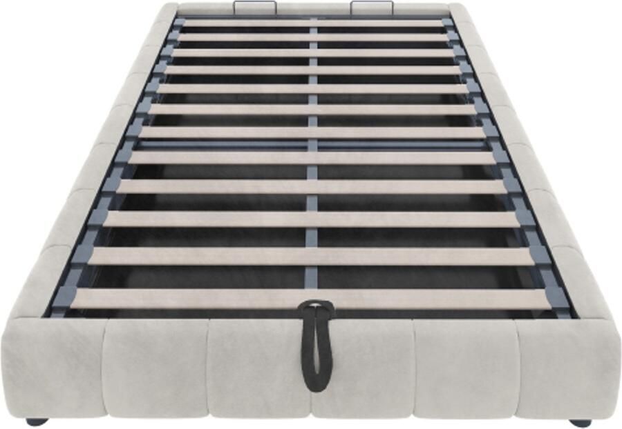 Eenpersoonsbed 140x200 cm Zonder Matras Zonder Hoofdbord Beige Fluweel Zwevend Bed Met LED En Hydraulische Opbergruimte Modern Ontwerp Voor Slaapkamer En Jongerenkamer