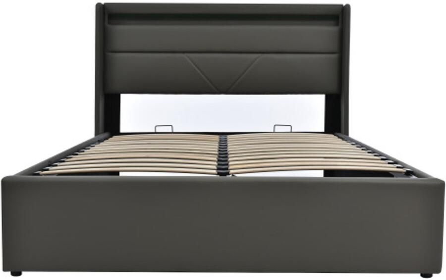 Gotagee Gestoffeerd Bed 160×200 cm Tweepersoonsbed Zonder Matras Grijs Hydraulisch Met LED Opbergruimte Lattenbodem Met Afstandsbediening