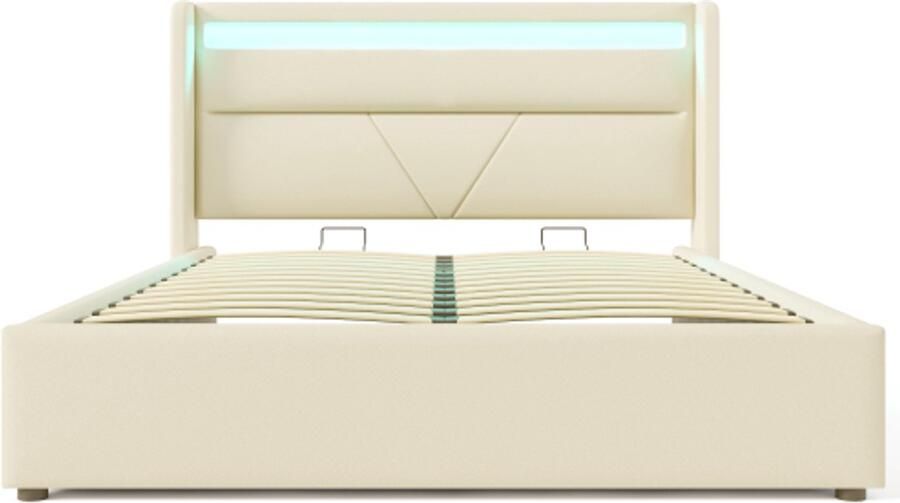 Gotagee Gestoffeerd Bed 160×200 cm Tweepersoonsbed Zonder Matras Wit Hydraulisch Met LED Opbergruimte Lattenbodem Met Afstandsbediening