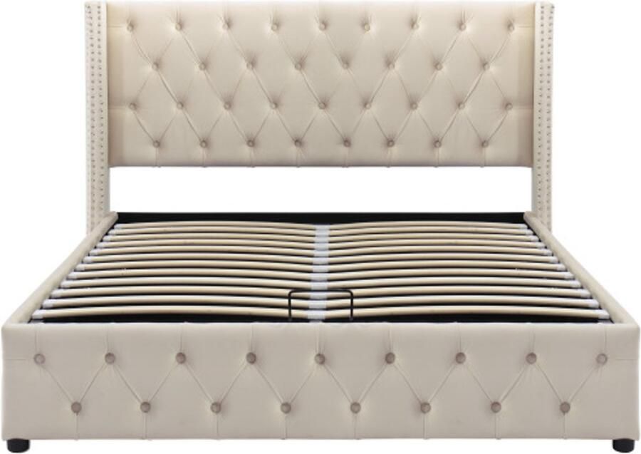 Eenpersoonsbed 140x200 Zonder Matras Gestoffeerd Bed Beige Fluweel Met Hydraulische Opbergruimte Oorvorm Dubbele Nietenrij En Knopenontwerp Hoofd En Voeteinde Geschikt Voor Slaapkamer En Logeerkamer