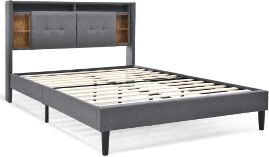 Gotagee Gestoffeerd bed 140x200 cm Tweepersoonsbed Met opbergruimte en USB LED verlichting Met lattenbodem Hout Grijs Zonder matras
