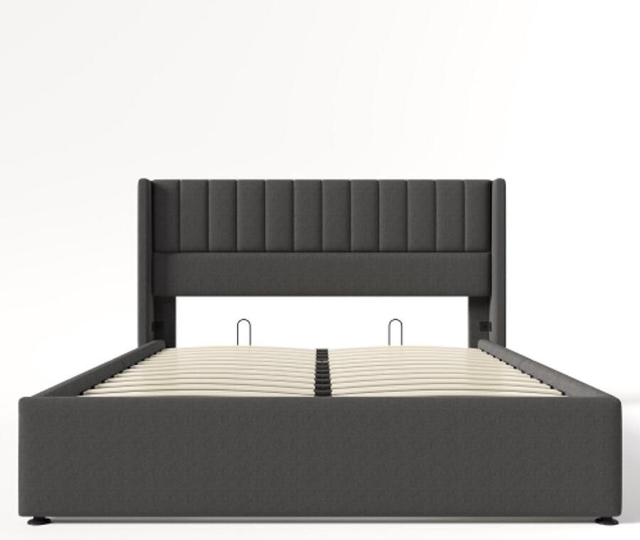 Eenpersoonsbed 140x200 Zonder Matras Gestoffeerd Bed Grijs Linnen Hydraulisch Lattenbodem Houten Latten Met Metaalframe Comfortabel Met Opbergruimte Modern Design