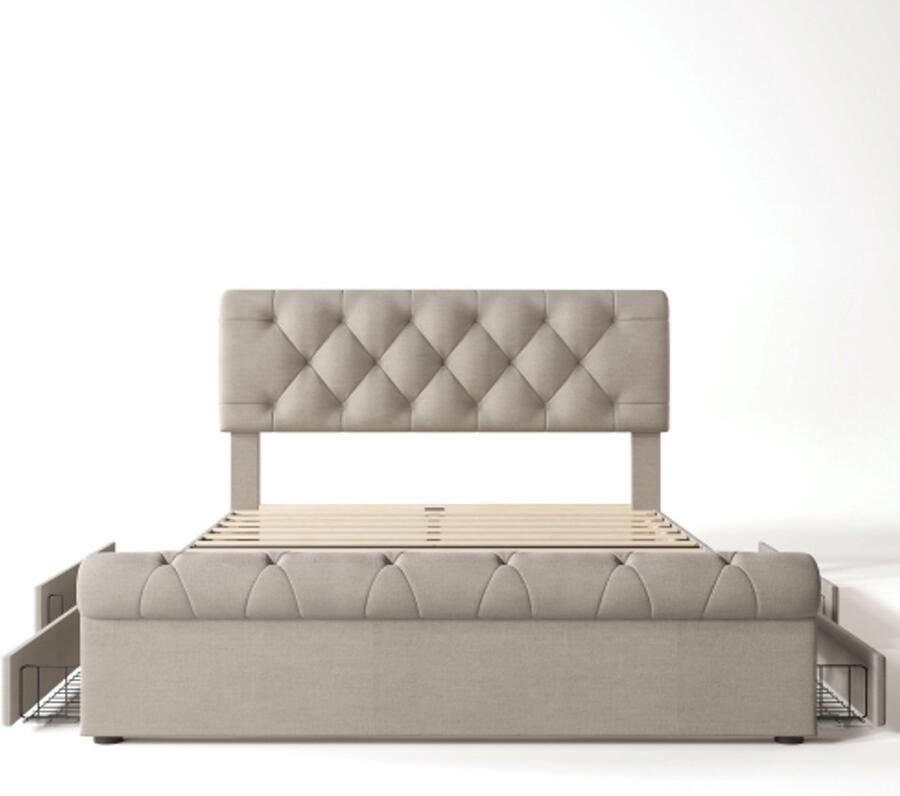 GOTAGEE Gestoffeerd bed 140x200 cm Tweepersoonsbed Met lattenbodem en 4 lades Verstelbaar hoofdbord Chesterfield Multifunctioneel bed Natuurlijk Zonder matras