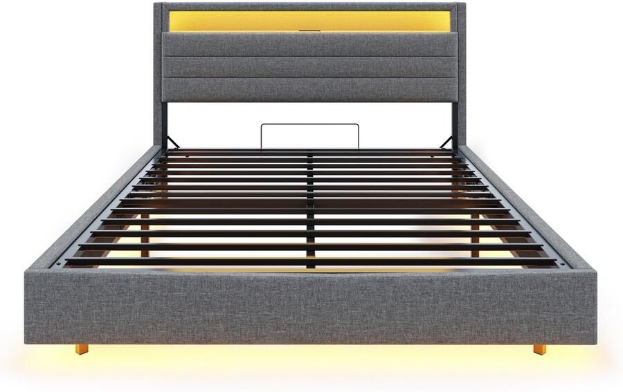 Tweepersoonsbed 160x200 Zonder Matras Polstebed Grijs Linnen Hydraulisch Schwebend Met Opbergruimte Multifunctioneel Met USB Oplaadpoort En LED Licht Omkeerbaar Hoofdeinde Geschikt Voor Slaapkamer En Logeerkamer