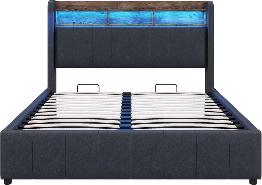 Eenpersoonsbed 140x200 Zonder Matras Polstebed Grijs Linnen Met LED USB Hoofdeinde Met Planken En Opbergruimte Hydraulische Opbergruimte Geschikt Voor Slaapkamer En Logeerkamer