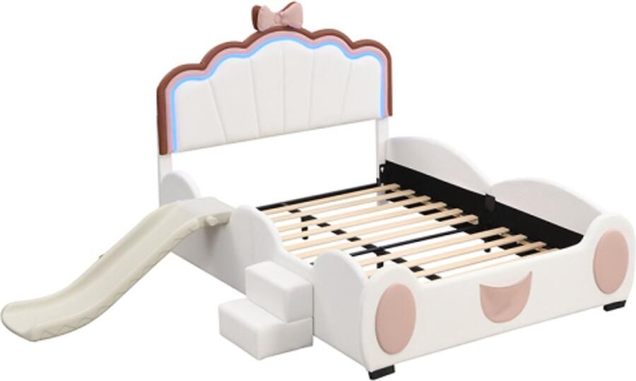 Eenpersoonsbed 140x200cm Kinderbed Vlinderbed zonder matras roze wit PU materiaal met glijbaan en ladder LED kleurveranderend licht met afstandsbediening mooie vorm