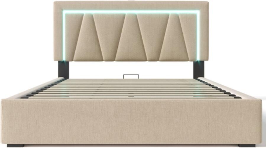 Eenpersoonsbed 140x200cm Zonder Matras Beige Linnen Polsterbed Met LED En USB Type C Ladefunctie Met Lattenbodem Geschikt Voor Slaapkamer