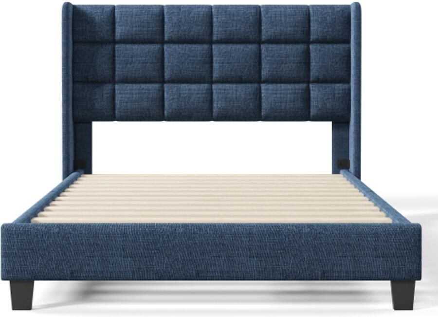 Eenpersoonsbed 140x200cm Zonder Matras Blauw Linnen Met Lattenbodem En Bedframe Gepolsterd Hoofdbord Modern Design Geschikt Voor Slaapkamer